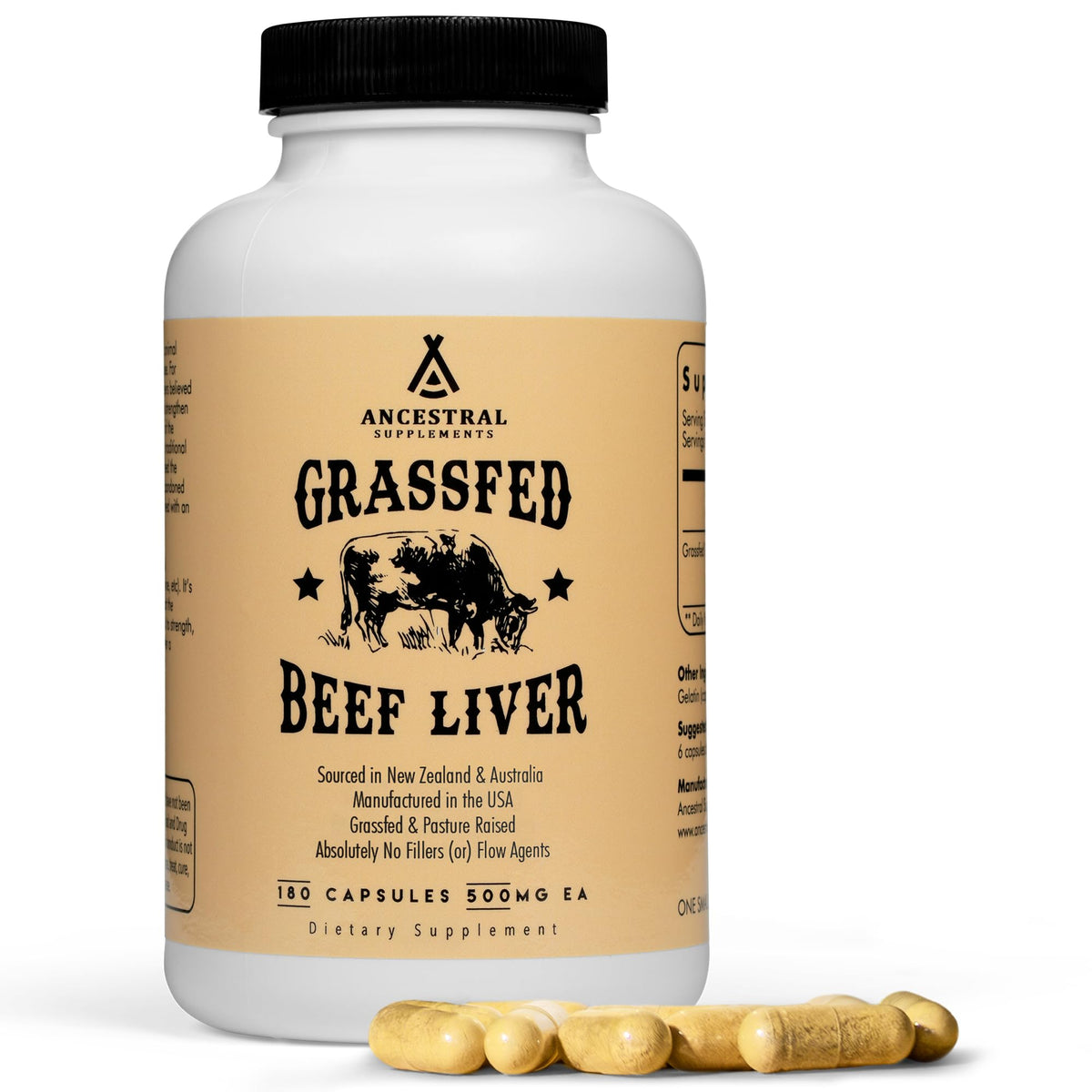 Ancestral Supplements frente del envase mostrando 180 cápsulas y beneficio de energía
