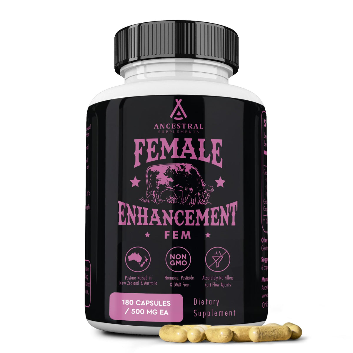 Ancestral Supplements frasco frontal y diseño claro, confianza en origen