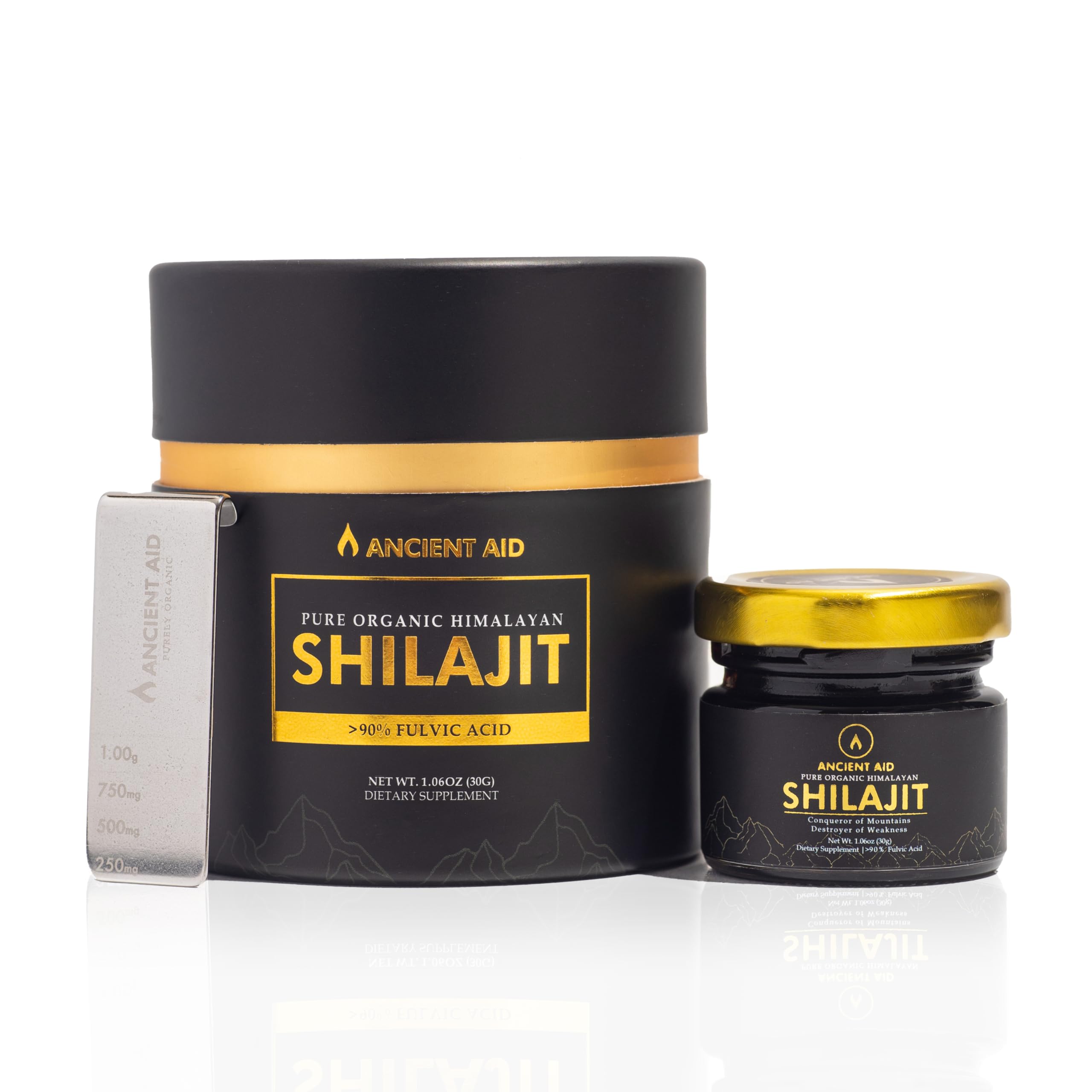 Ancient Aid frasco frontal mostrando etiqueta y pureza del shilajit