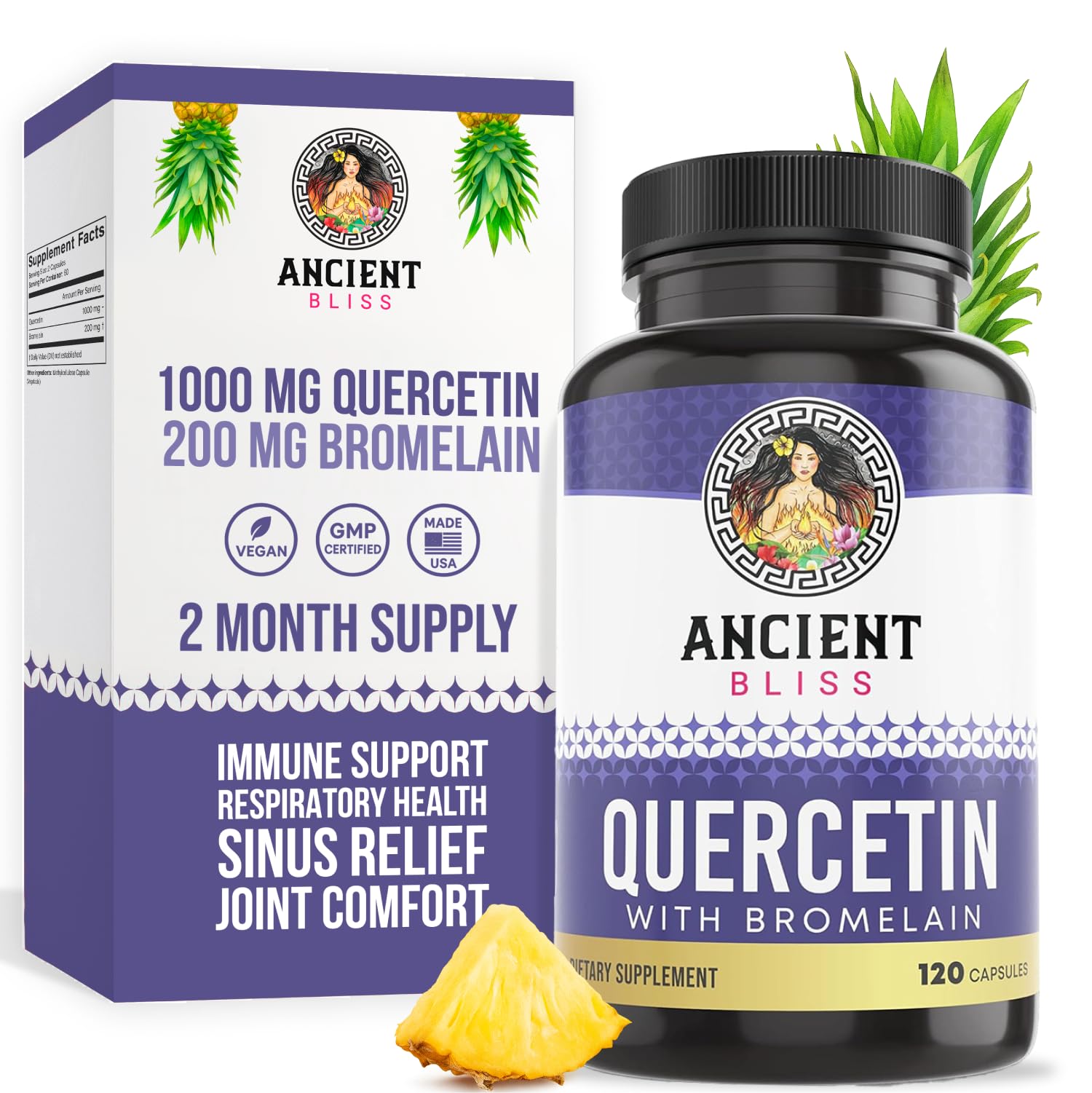 Ancient Bliss frasco frontal mostrando etiqueta y beneficios claros