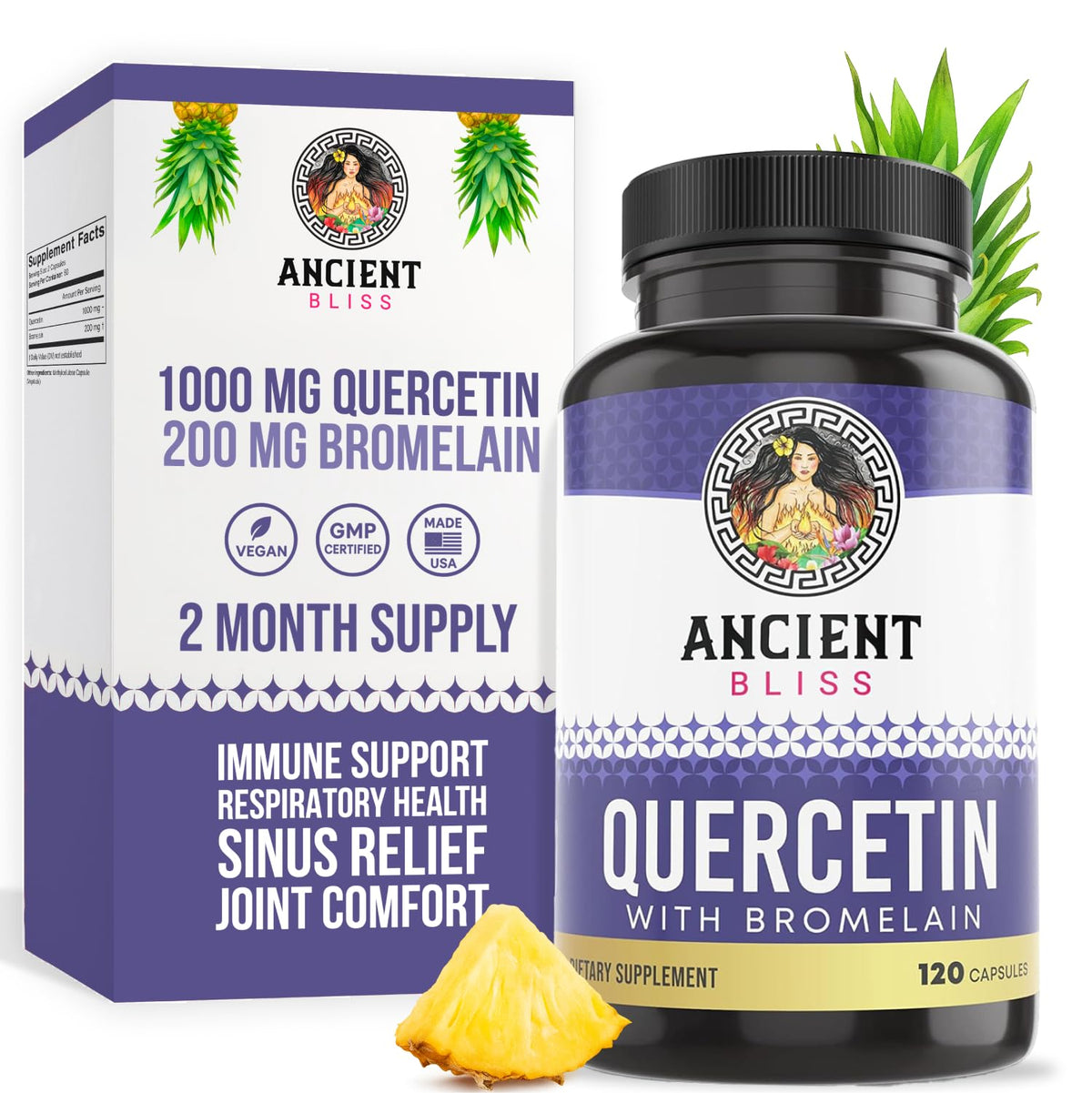 Ancient Bliss frasco frontal mostrando etiqueta y beneficios claros