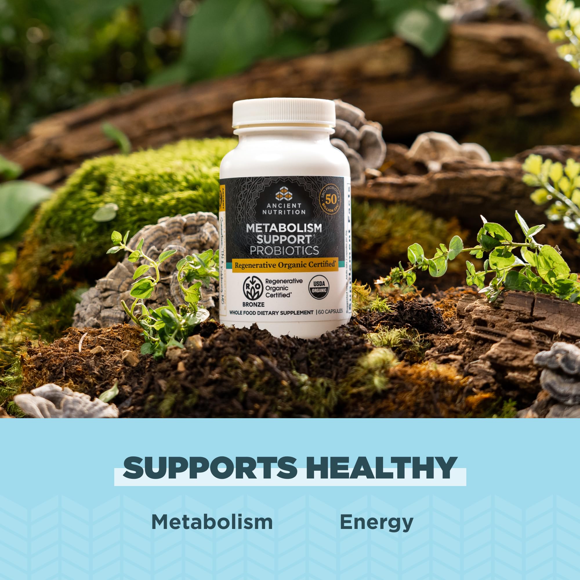 Ancient Nutrition etiqueta con sello Regenerative Organic Certified y confianza
