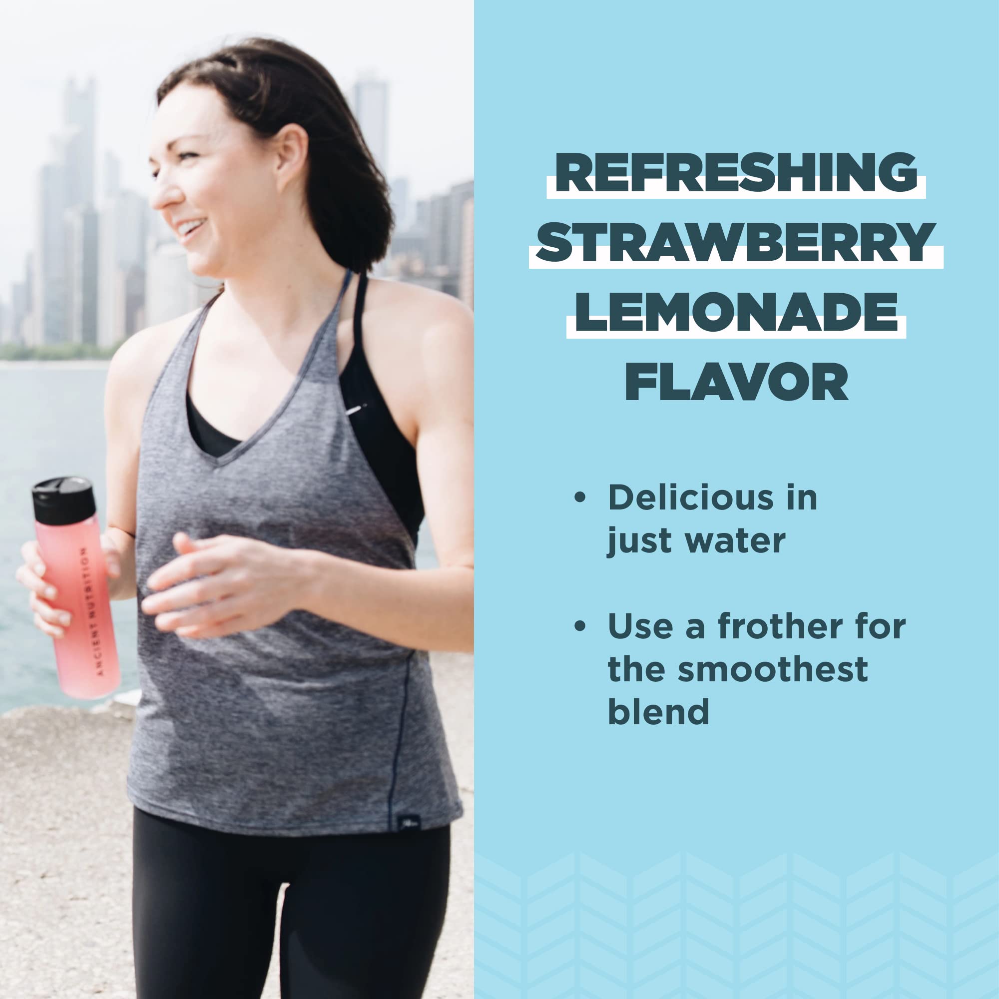 Ancient Nutrition batido Strawberry Lemonade servido para consumo diario
