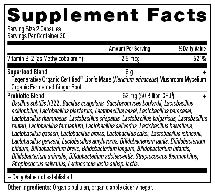 Ancient Nutrition botella abierta con cápsulas visible para dosis diaria