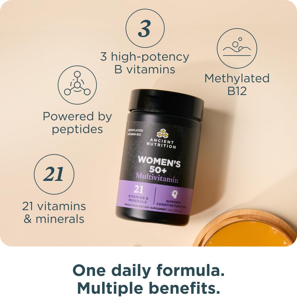 Ancient Nutrition caja abierta con frasco y 30 servicios para apoyo durante la menopausia