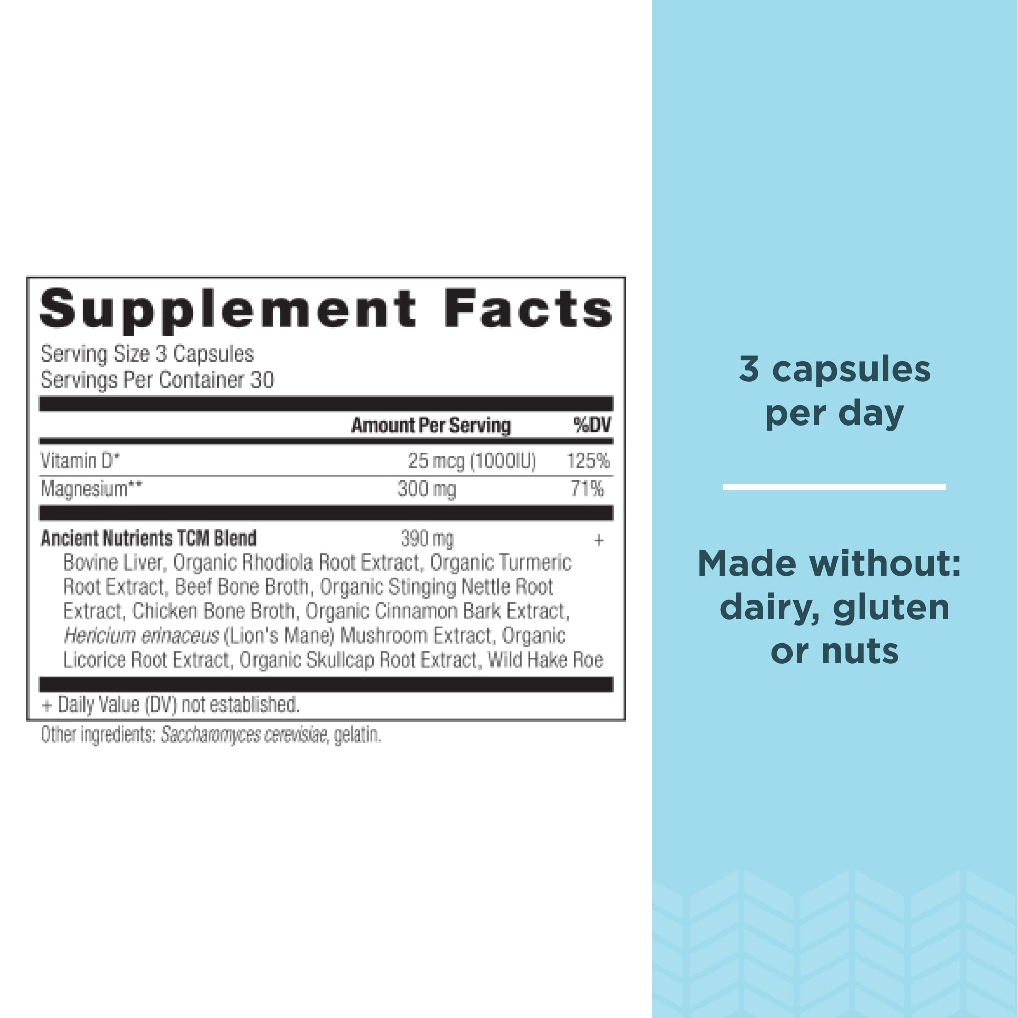 Ancient Nutrition detalle de cápsula resaltando textura y formulación fácil de tragar