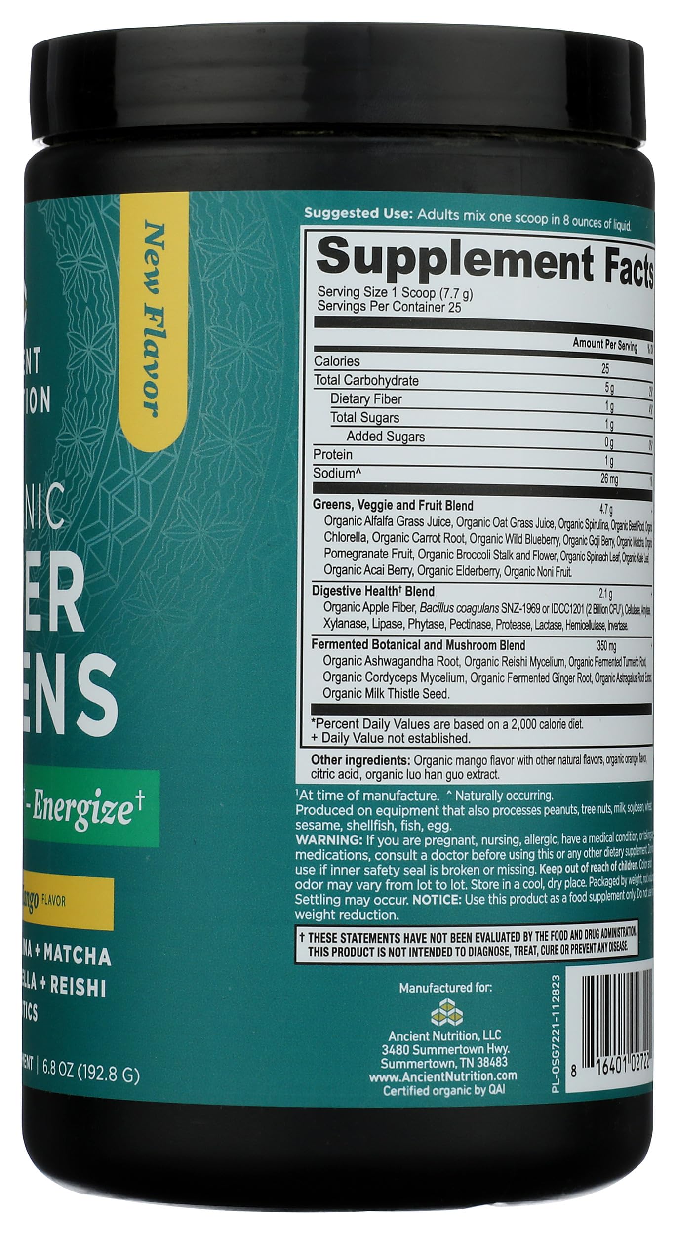 Ancient Nutrition etiqueta con sello USDA Organic y confianza en calidad