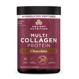 Ancient Nutrition envase frontal del colágeno chocolate mostrando marca y tamaño