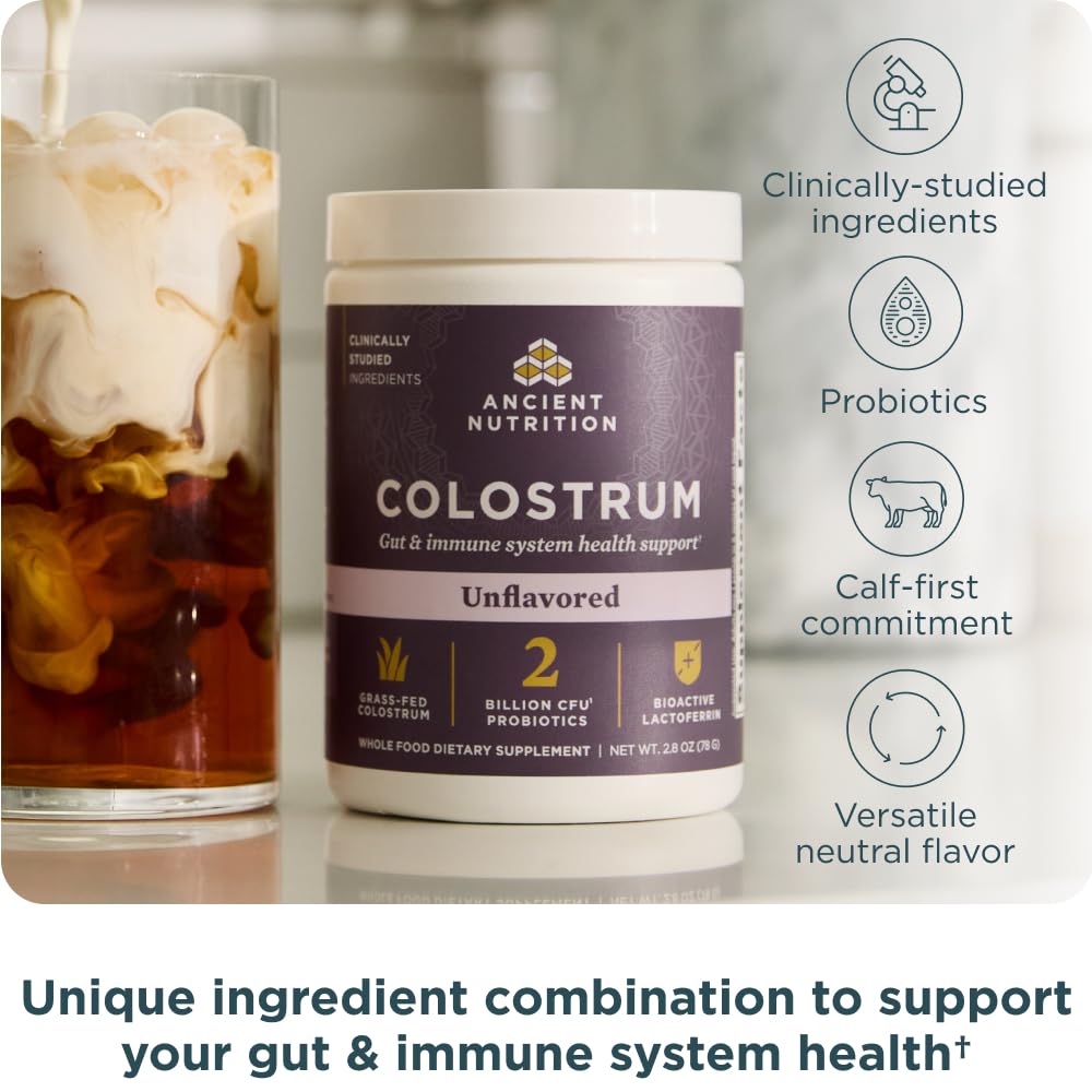 Ancient Nutrition Colostrum mezclado en batido, facilita añadir probióticos