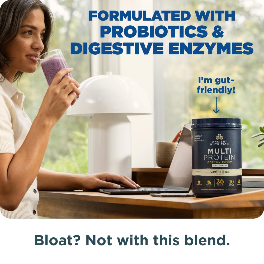 Ancient Nutrition envase junto a medidas que muestran 15 servicios disponibles