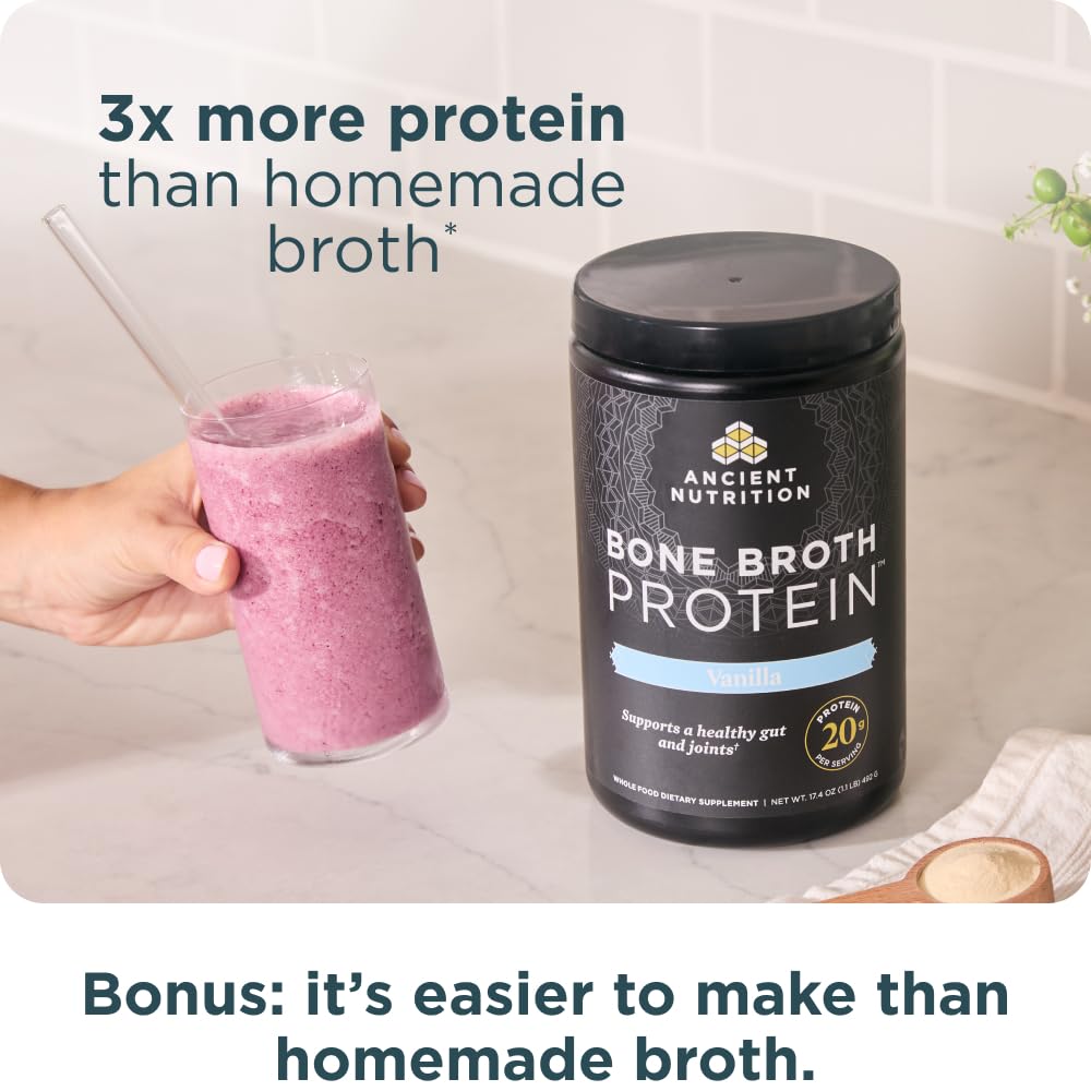Envase Ancient Nutrition en mano mostrando tamaño real y practicidad