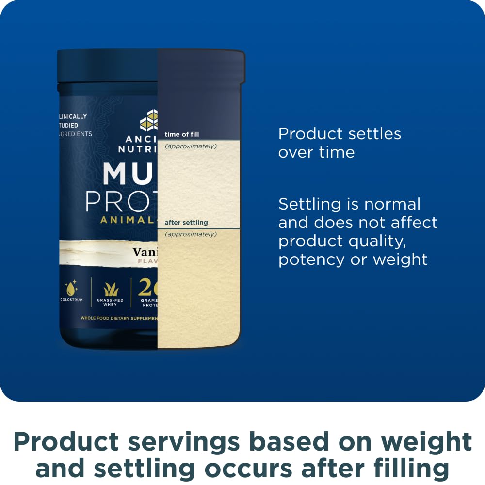 Ancient Nutrition cucharada medidora junto a envase para comparar tamaño de porción