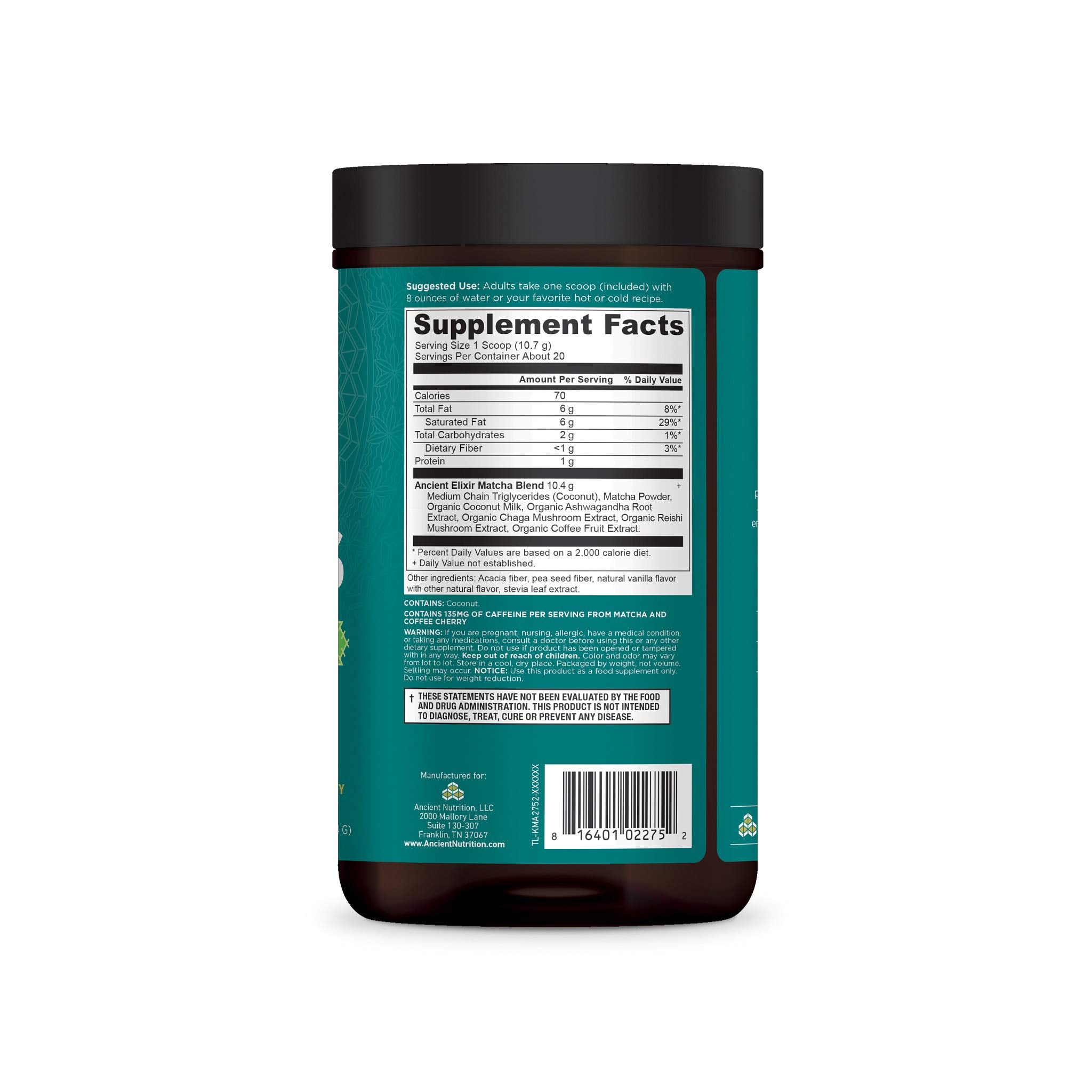 Ancient Nutrition frasco junto a una mano para comparar tamaño y entender cuántas porciones incluye