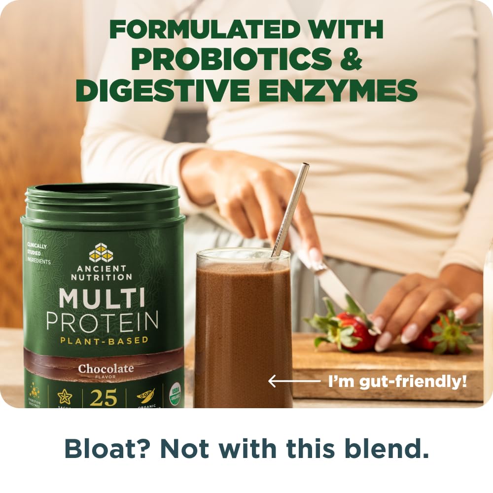 Ancient Nutrition etiqueta nutricional destacando 25 g de proteína por ración