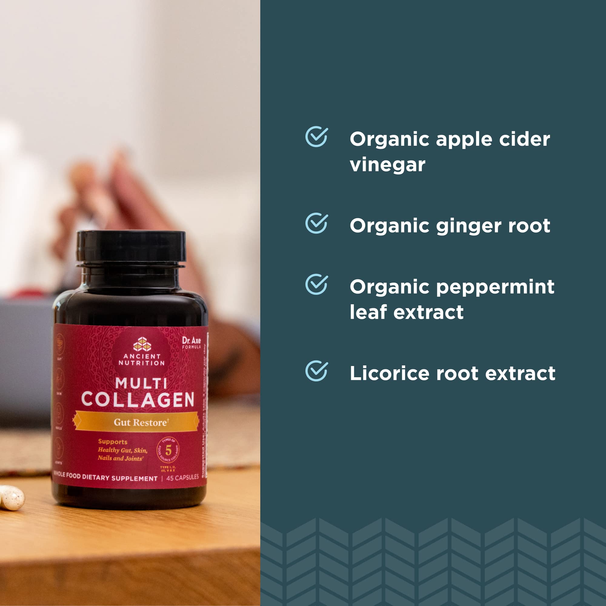 Ancient Nutrition etiqueta con lista de ingredientes clara y origen natural
