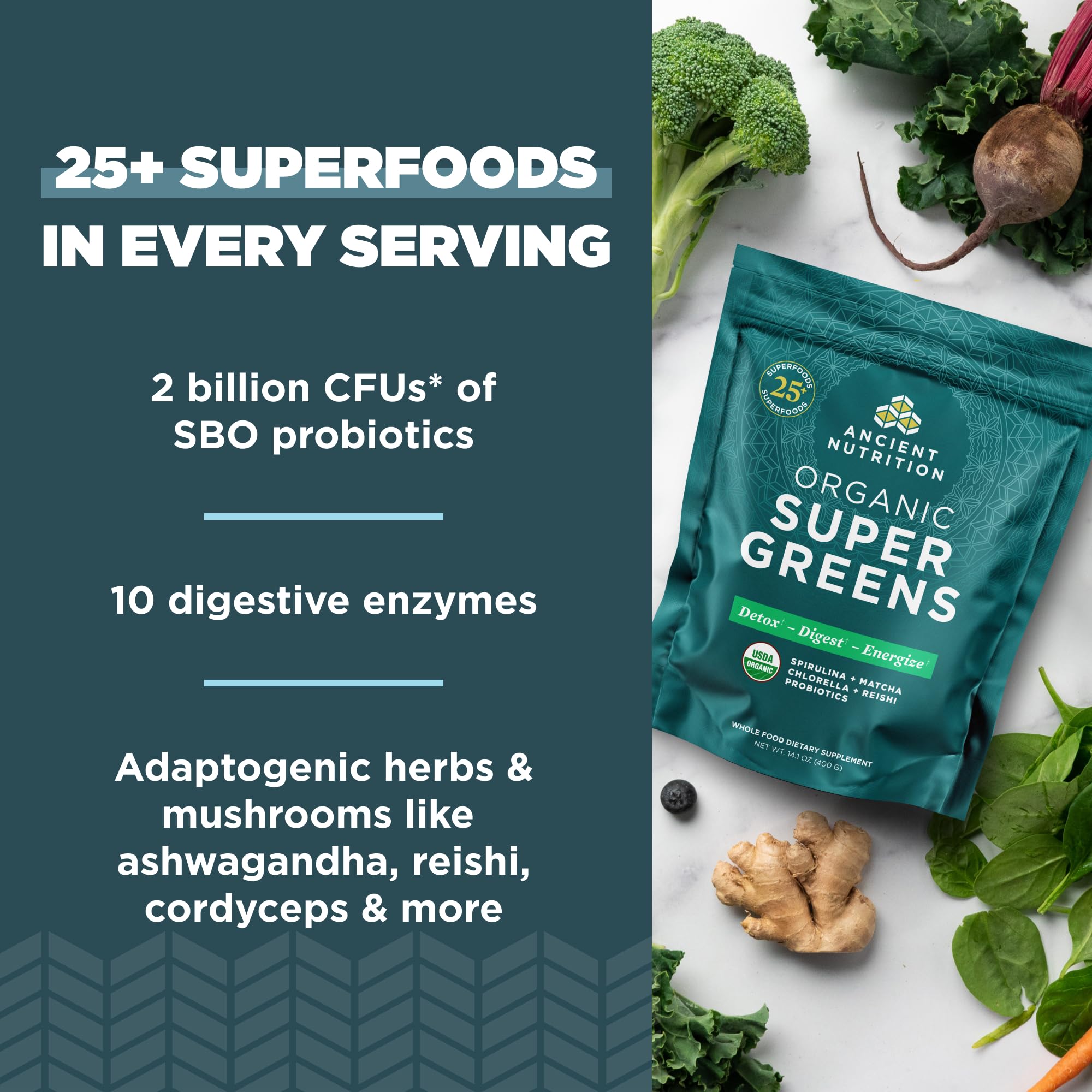 Ancient Nutrition etiqueta con lista de ingredientes orgánicos y probióticos