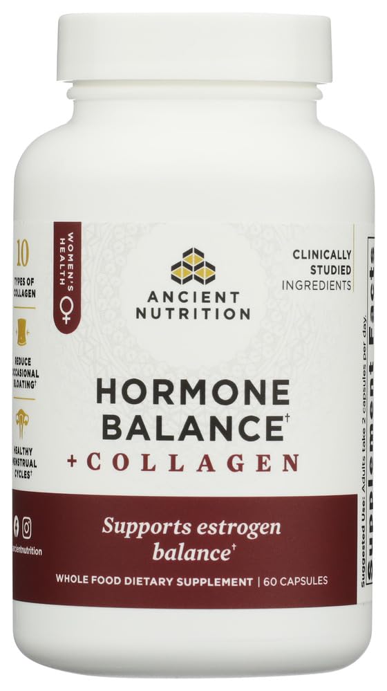 Ancient Nutrition envase frontal mostrando la fórmula y beneficios para equilibrio hormonal
