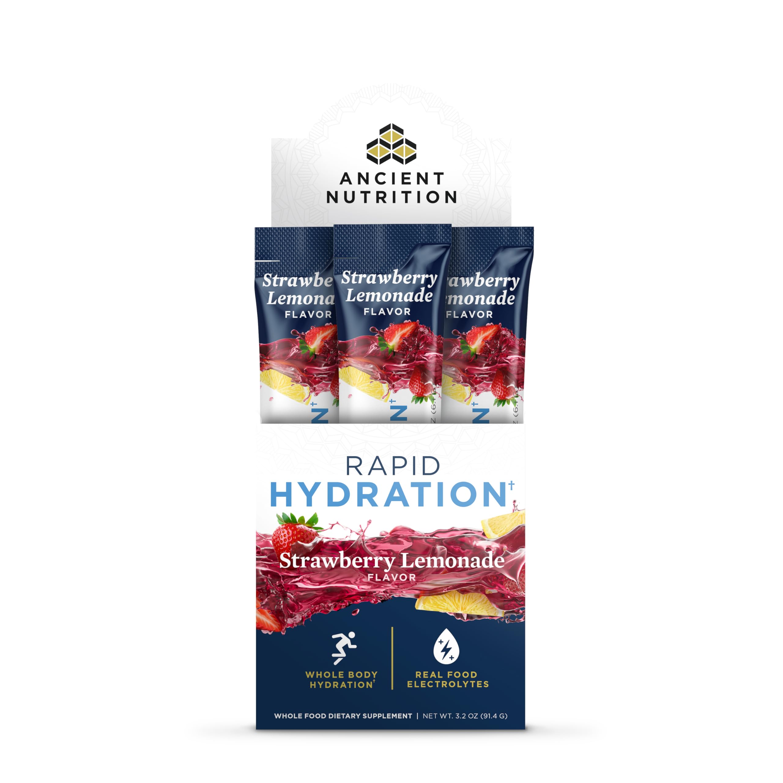 Ancient Nutrition envase frontal sabor fresa-limonada, claridad del etiquetado y beneficio práctico