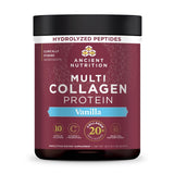 Ancient Nutrition envase frontal del producto mostrando sabor vainilla y beneficios