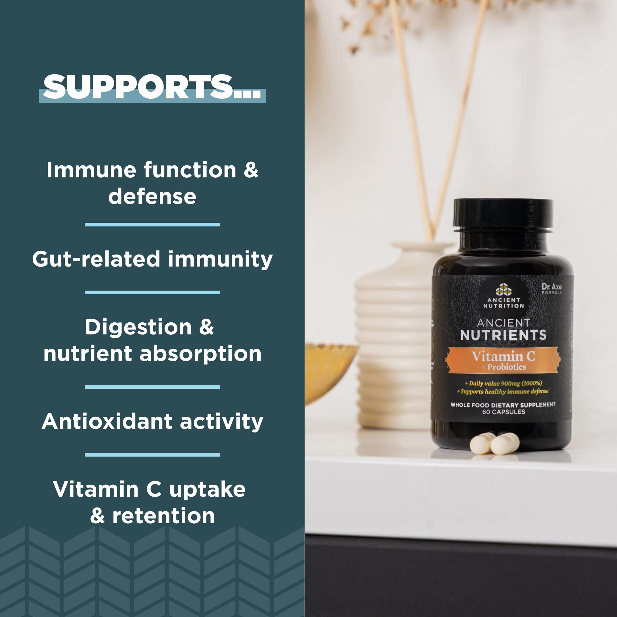 Ancient Nutrition etiqueta con ingredientes destacando vitamina C y probióticos