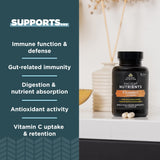 Ancient Nutrition etiqueta con ingredientes destacando vitamina C y probióticos