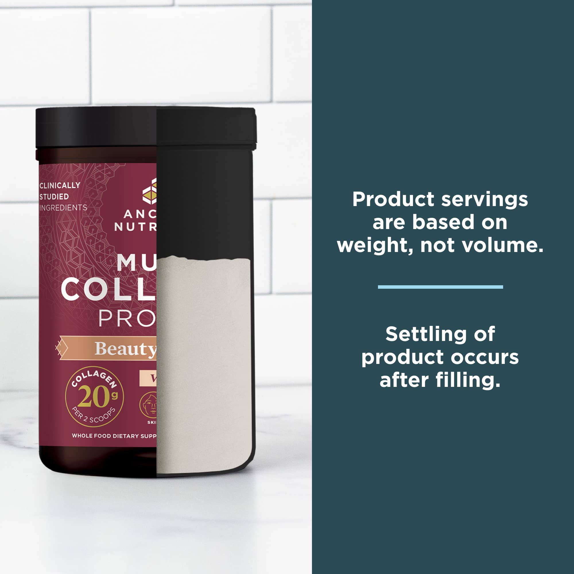 Ancient Nutrition etiqueta de ingredientes indicando 5 tipos de colágeno y pureza