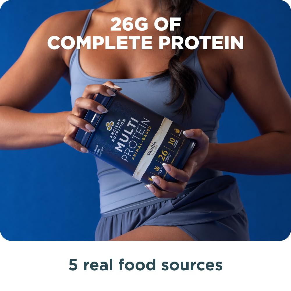 Ancient Nutrition etiqueta nutricional, información clara de 26 g de proteína