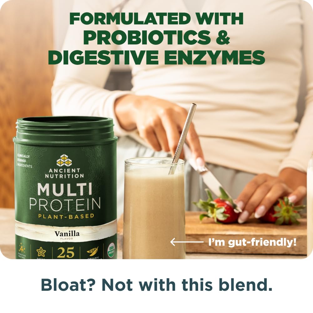 Ancient Nutrition etiqueta nutricional destacando 25 g proteína por porción