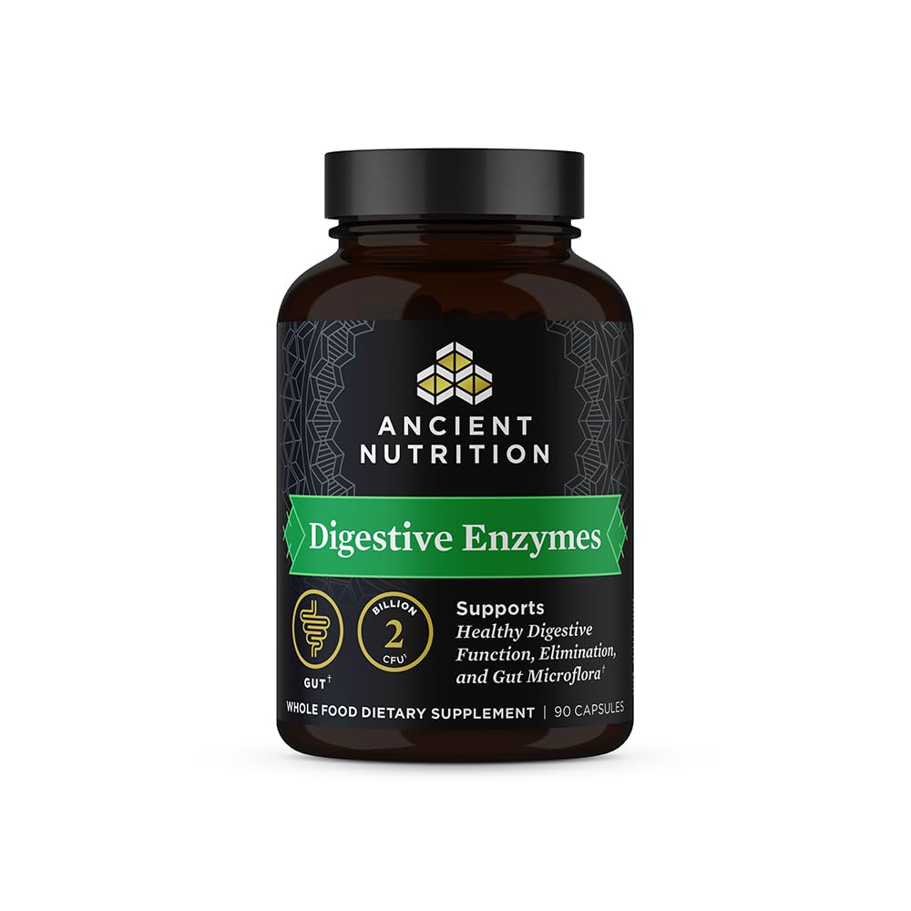 Ancient Nutrition frasco de 90 cápsulas mostrando el frente y beneficio de soporte digestivo