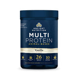 Ancient Nutrition frasco delantero mostrando etiqueta y beneficio de proteína completa