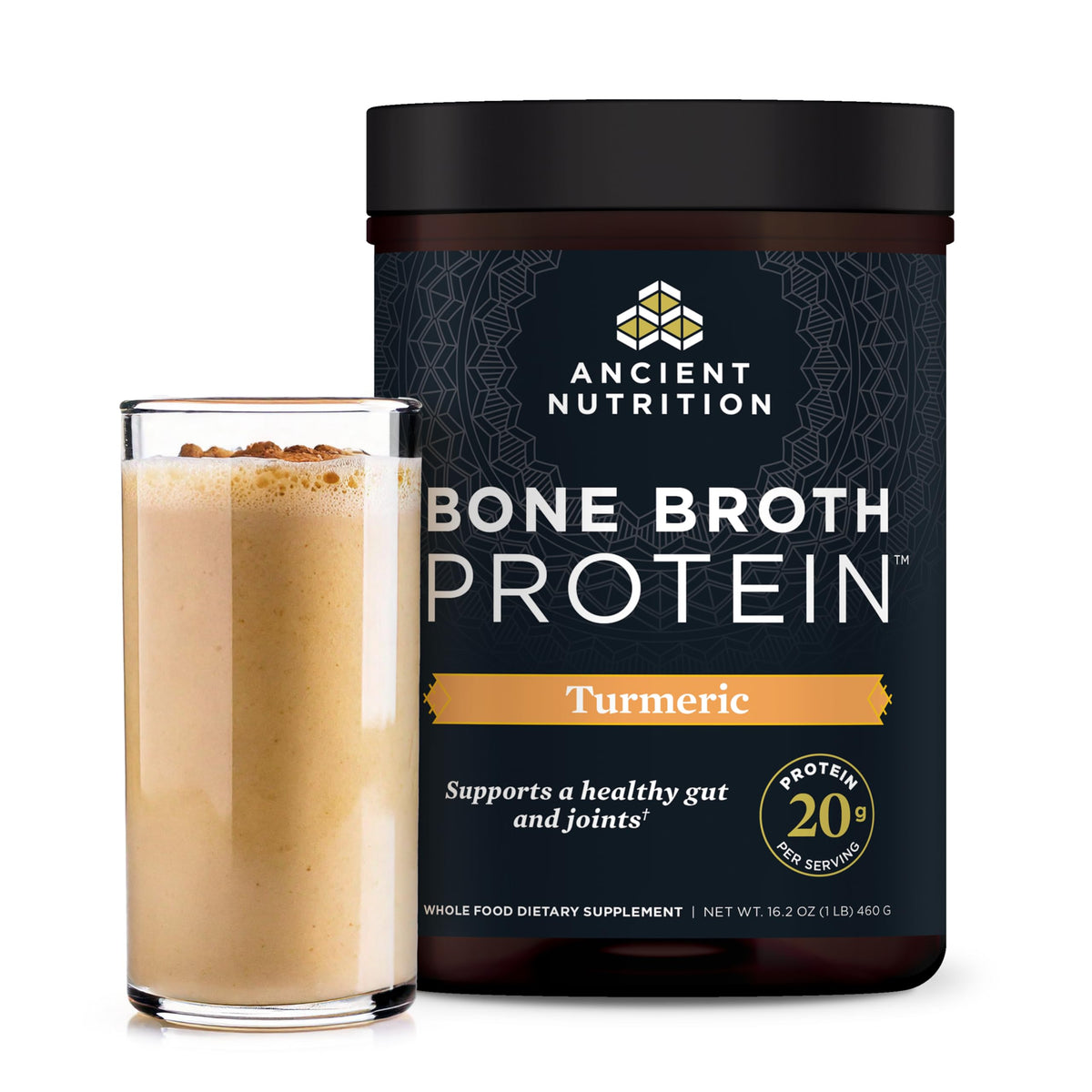 Ancient Nutrition frasco delantero mostrando etiqueta y beneficios
