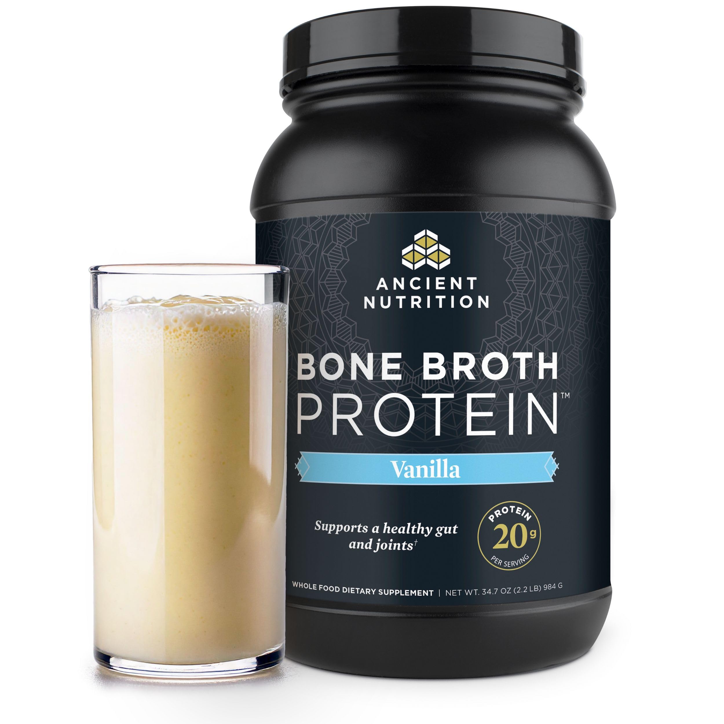 Ancient Nutrition frasco frontal que muestra etiqueta y beneficios