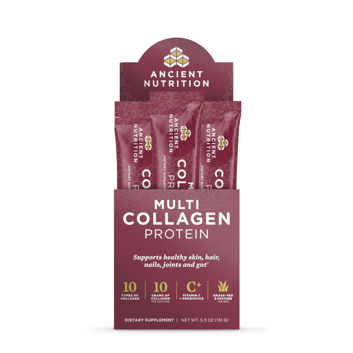Ancient Nutrition empaque frontal mostrando sobres y beneficios visibles