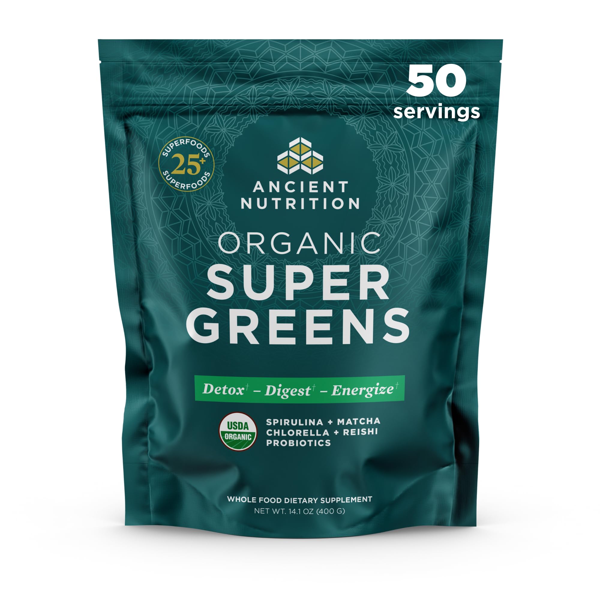 Ancient Nutrition frente del empaque mostrando beneficios y 50 porciones