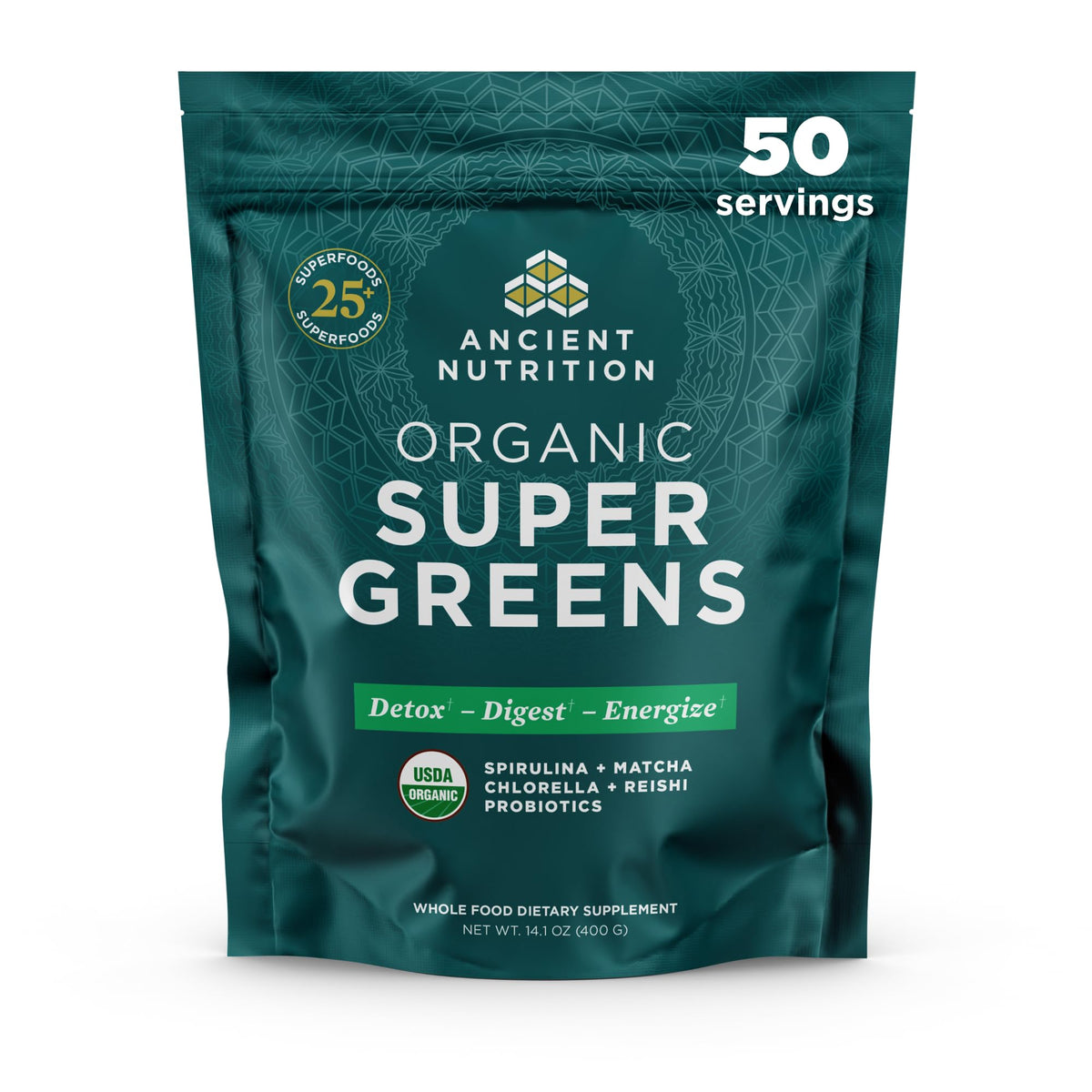 Ancient Nutrition frente del empaque mostrando beneficios y 50 porciones