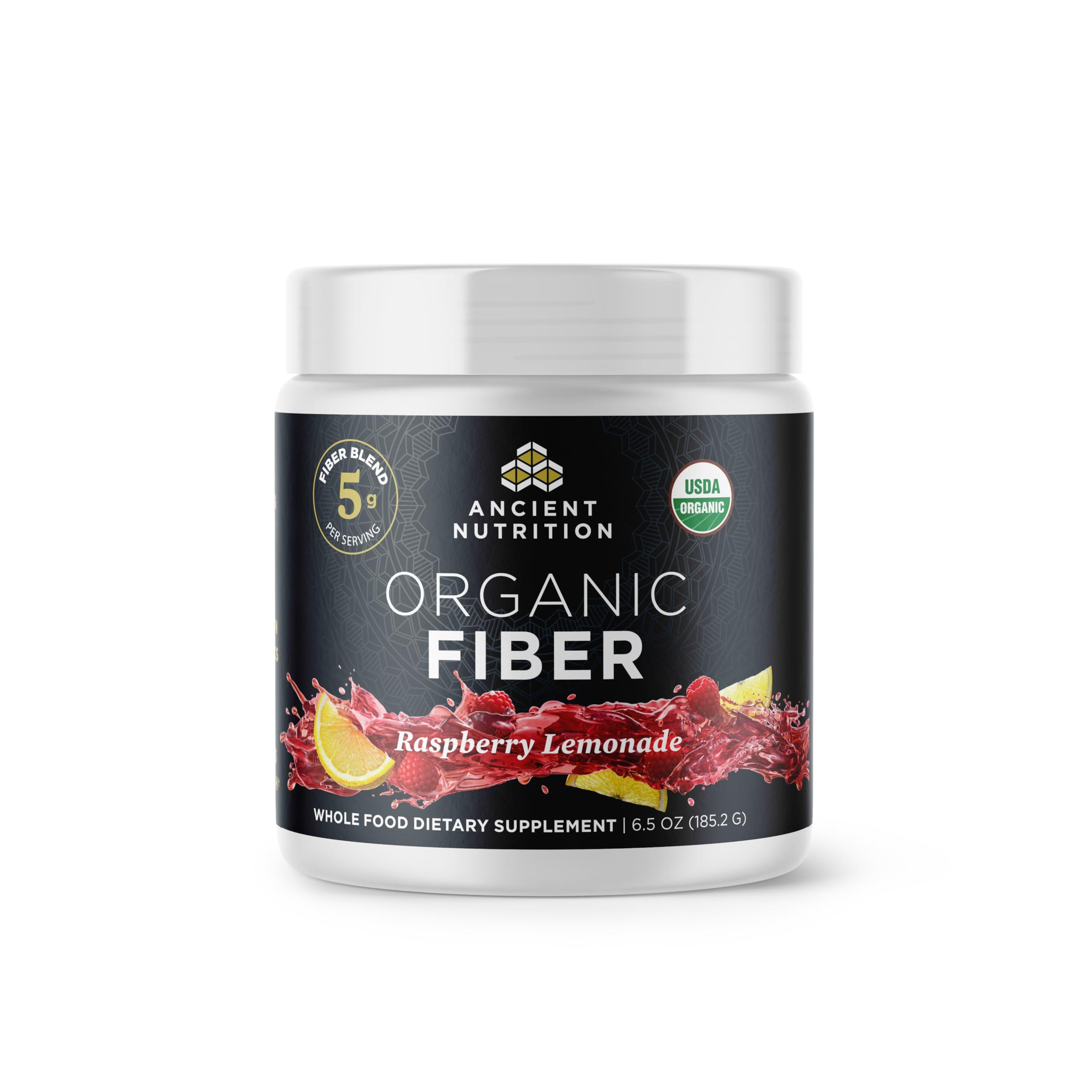 Ancient Nutrition paquete frontal mostrando sabor frambuesa-limón y beneficio digestivo