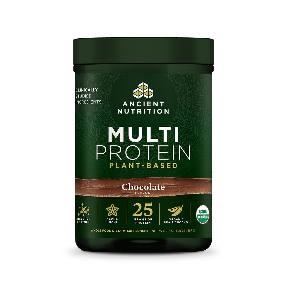 Ancient Nutrition frente del envase mostrando sabor chocolate y beneficio proteico