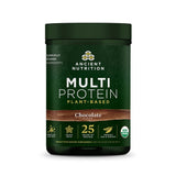 Ancient Nutrition frente del envase mostrando sabor chocolate y beneficio proteico