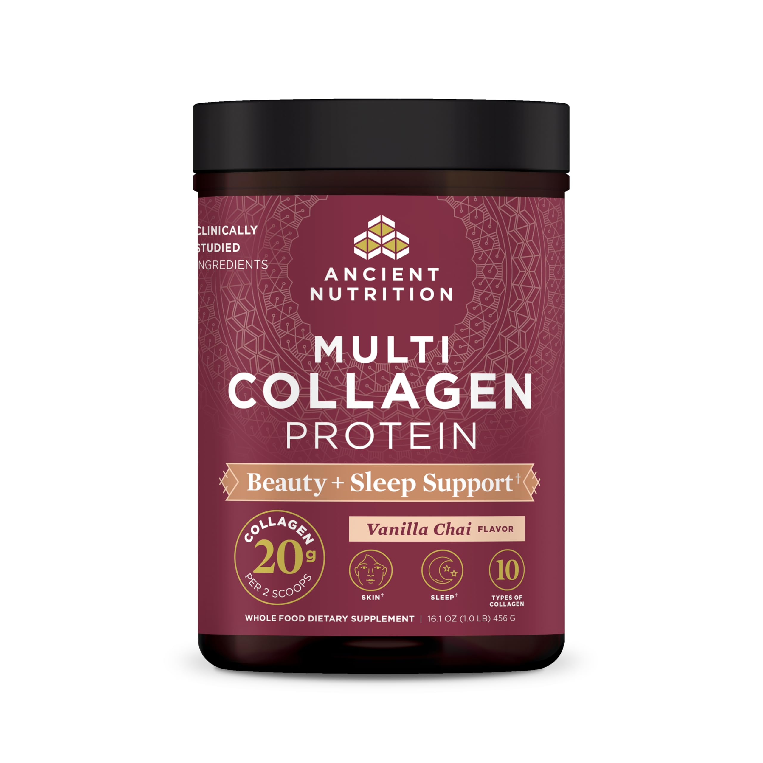 Ancient Nutrition frente del envase mostrando sabor Vainilla Chai y beneficio belleza