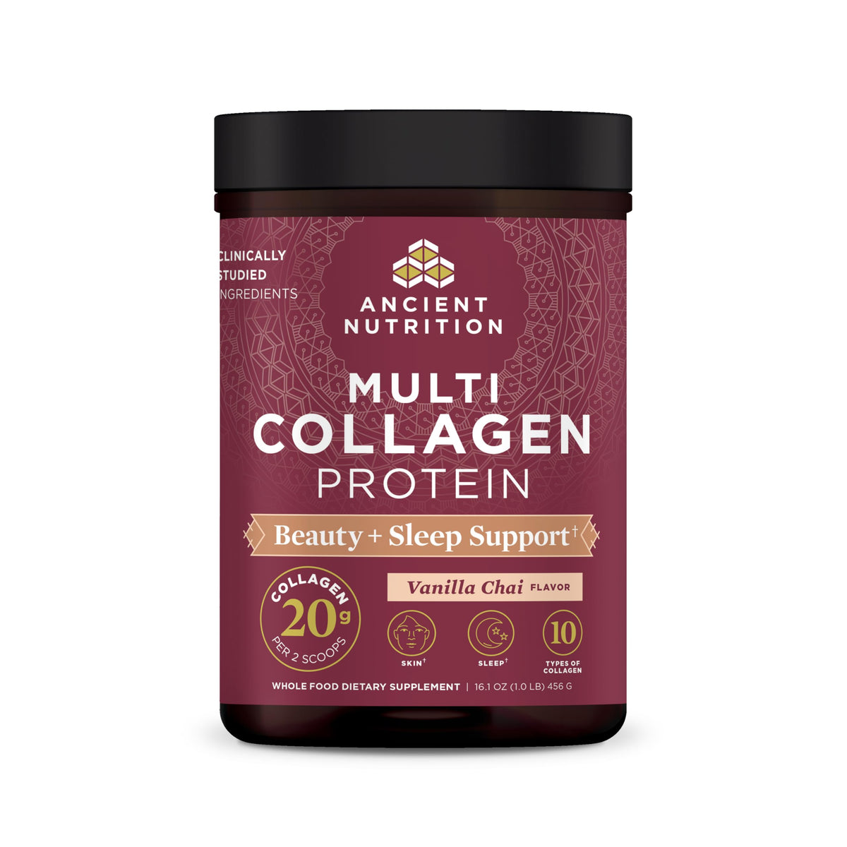 Ancient Nutrition frente del envase mostrando sabor Vainilla Chai y beneficio belleza
