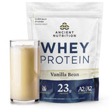 Ancient Nutrition frente del envase que muestra proteína grass fed y beneficios