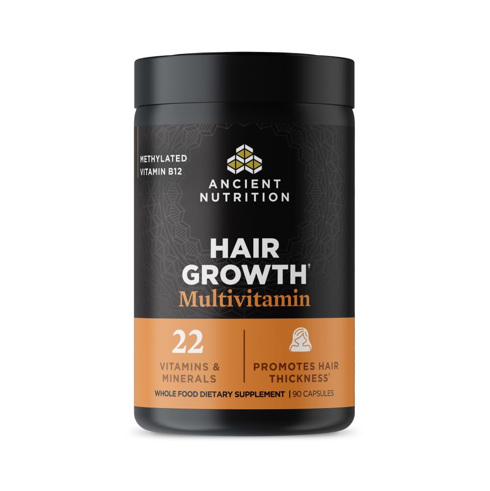 Ancient Nutrition frente del envase mostrando diseño y beneficio para cabello más grueso