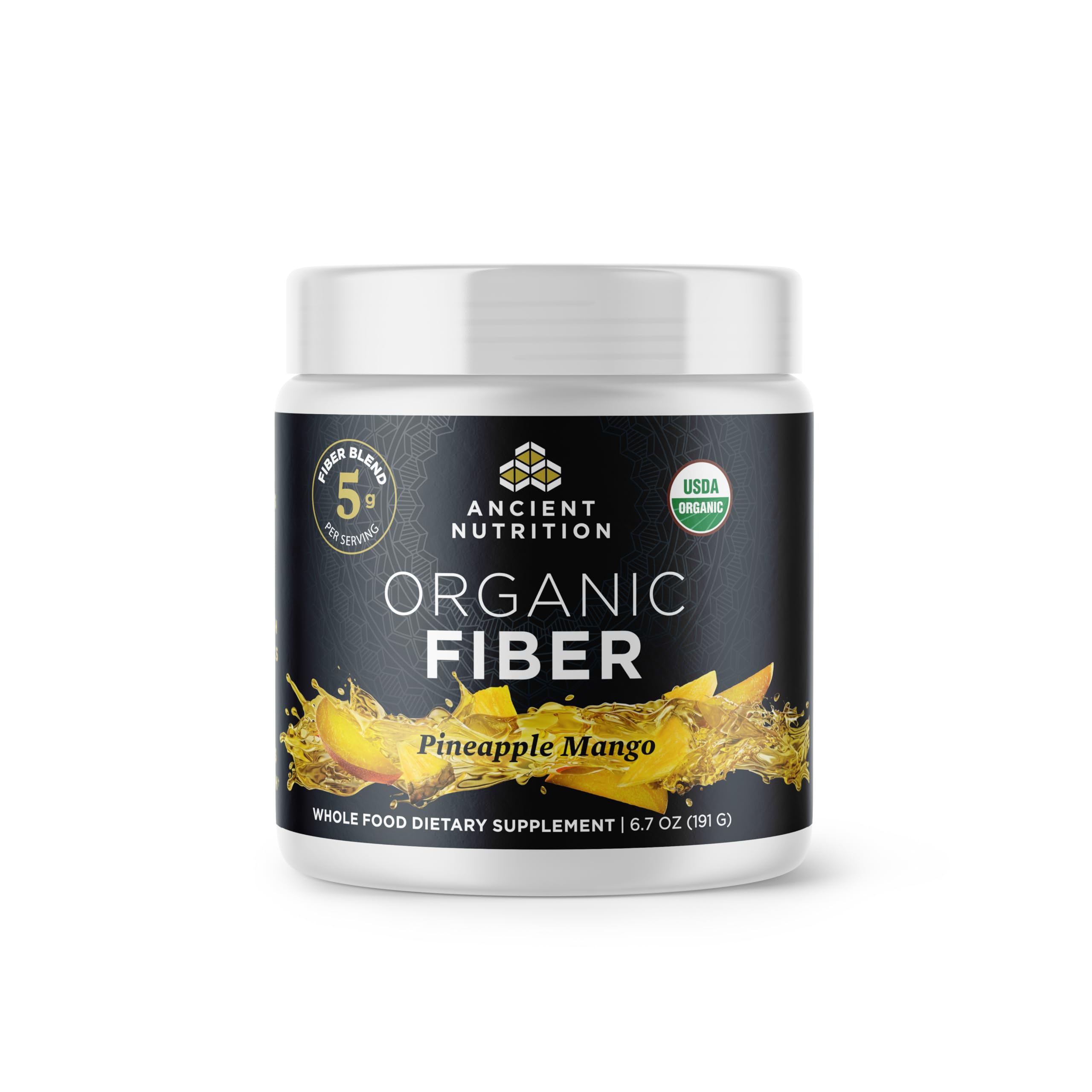 Ancient Nutrition frente del envase con etiqueta orgánica y sabor piña mango, confianza instantánea