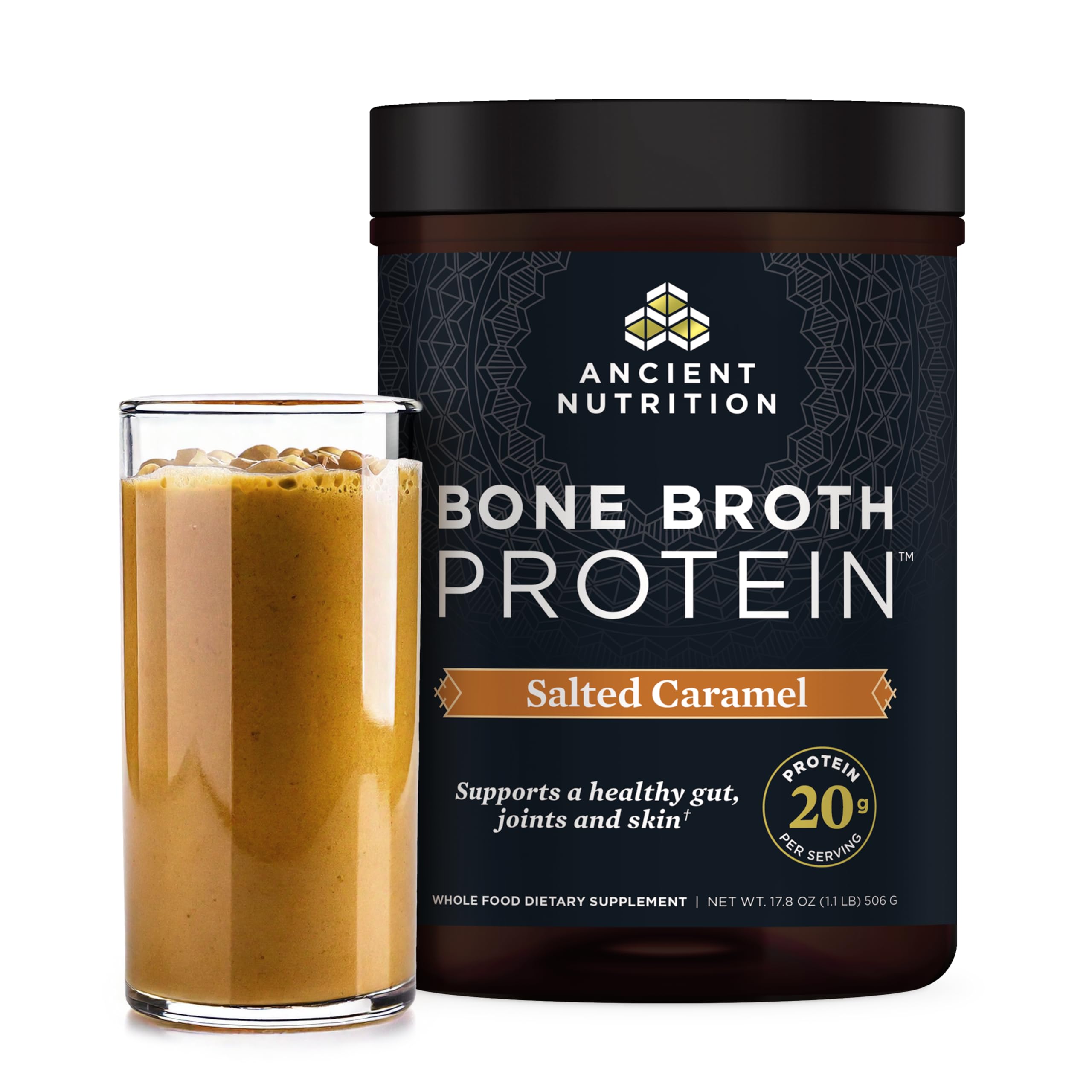 Ancient Nutrition envase frontal mostrando la marca y beneficio proteico