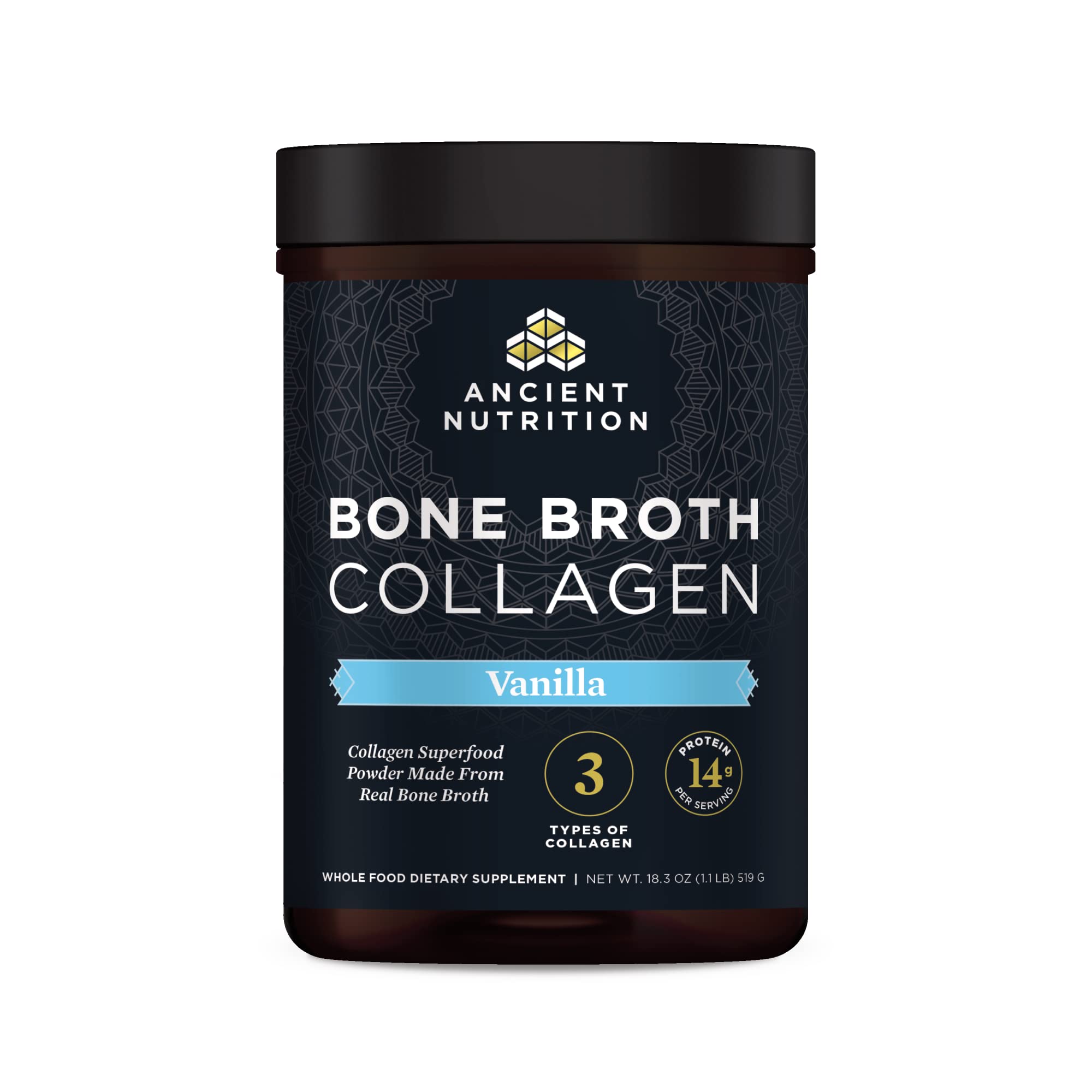 Ancient Nutrition envase frontal vainilla, presenta beneficios de proteínas