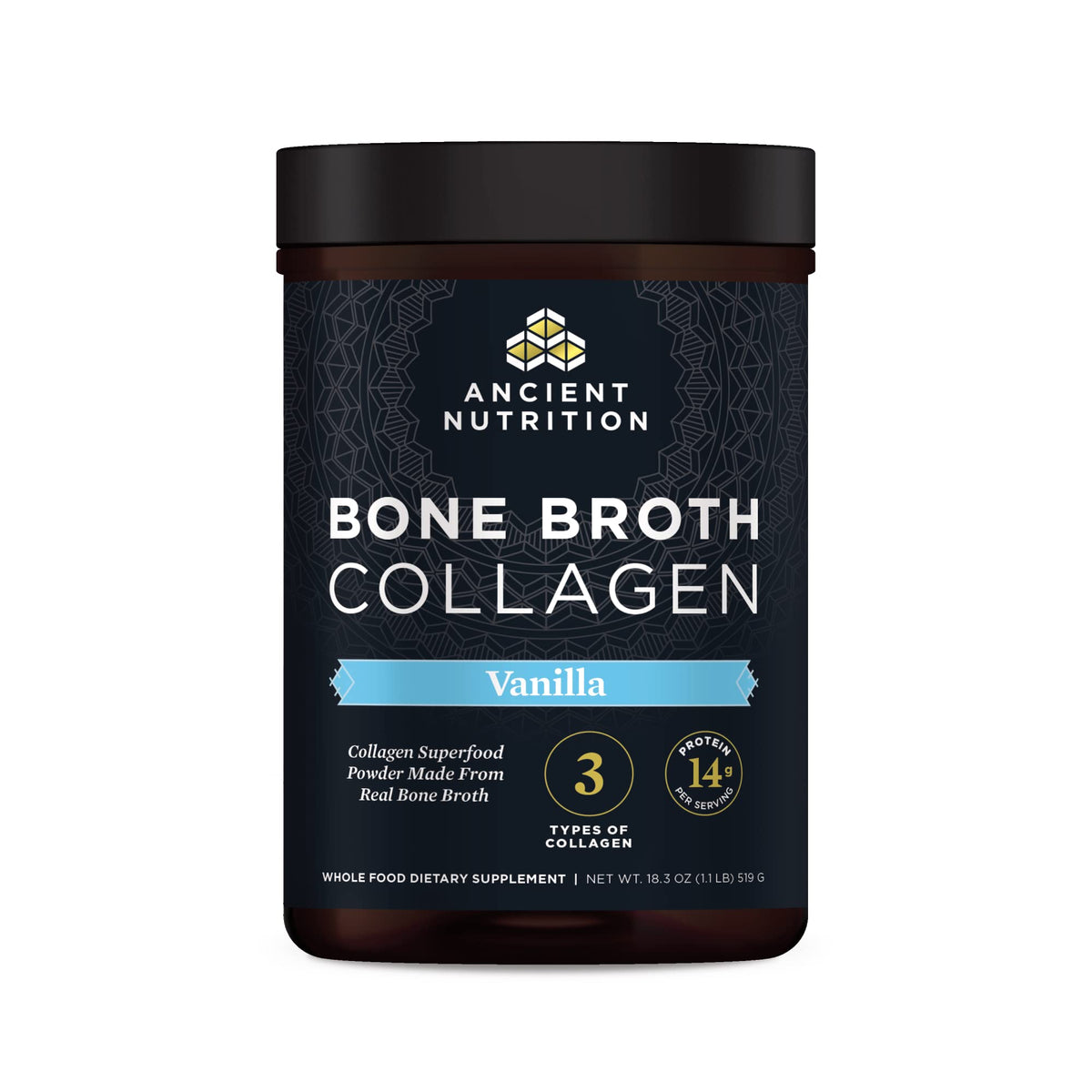 Ancient Nutrition envase frontal vainilla, presenta beneficios de proteínas