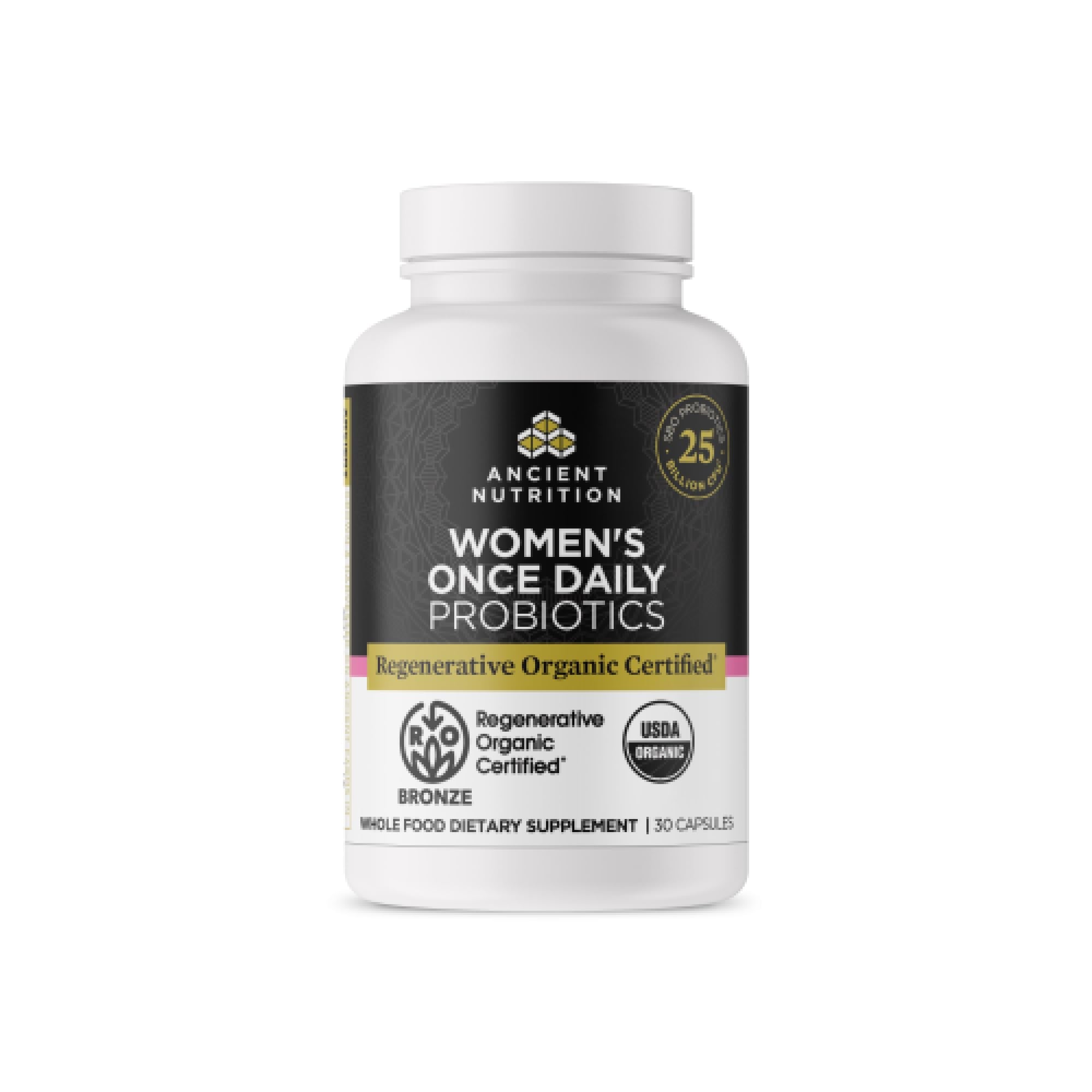 Ancient Nutrition frente del envase mostrando fórmula para mujeres y beneficios diarios