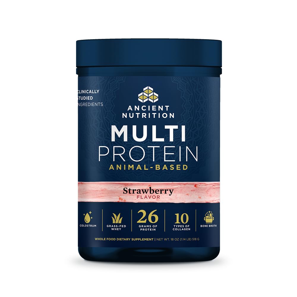 Ancient Nutrition envase frontal fresa muestra proteínas multi fuente y conveniencia