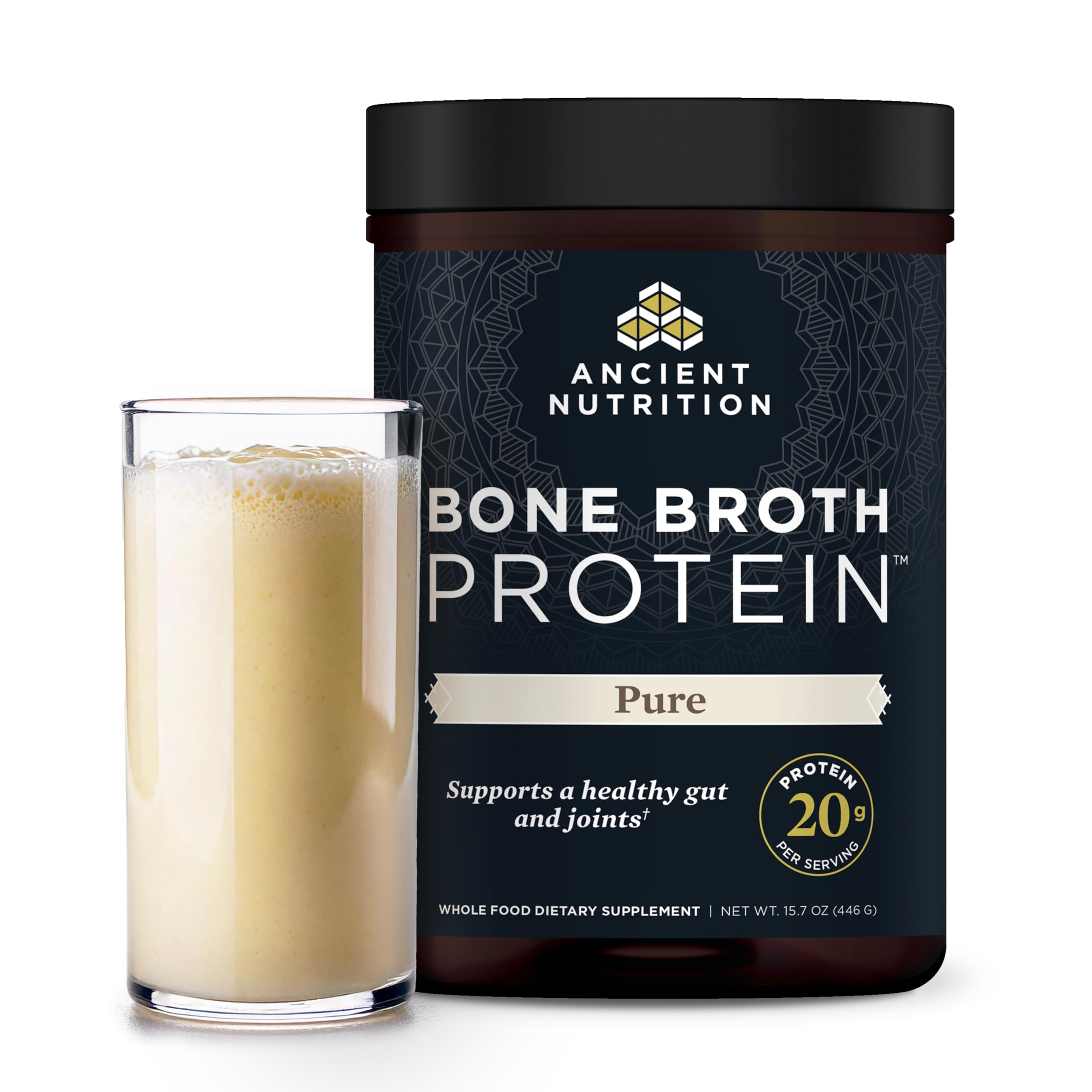 Ancient Nutrition envase frontal mostrando la marca y beneficios