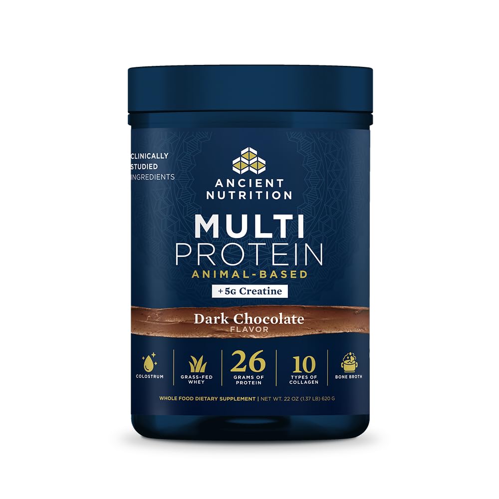 Ancient Nutrition envase frontal que muestra 26 g proteína y 5 g creatina